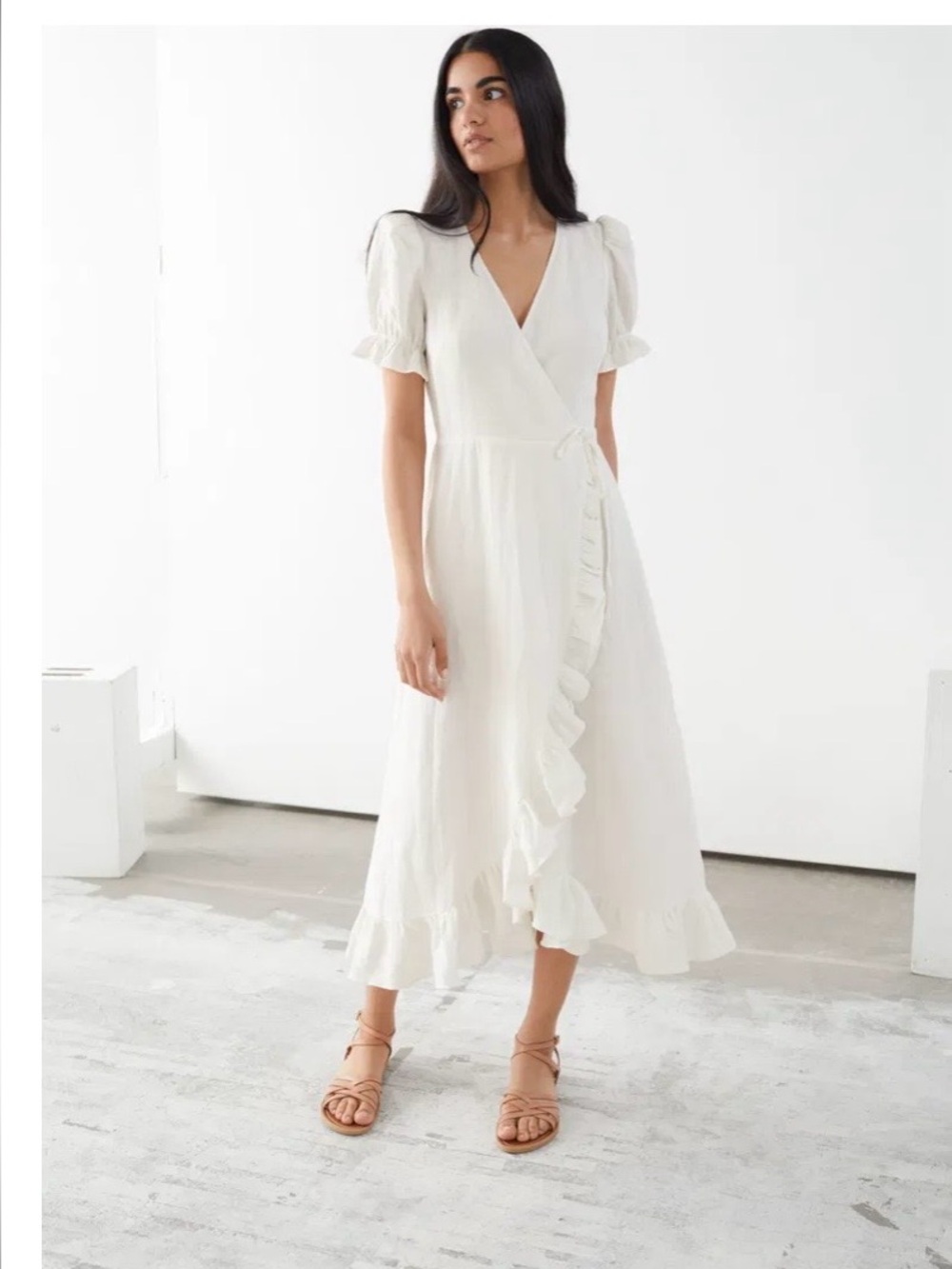 & Other Stories Cream Ruffle Wrap Midi Dress with Puff Sleeves